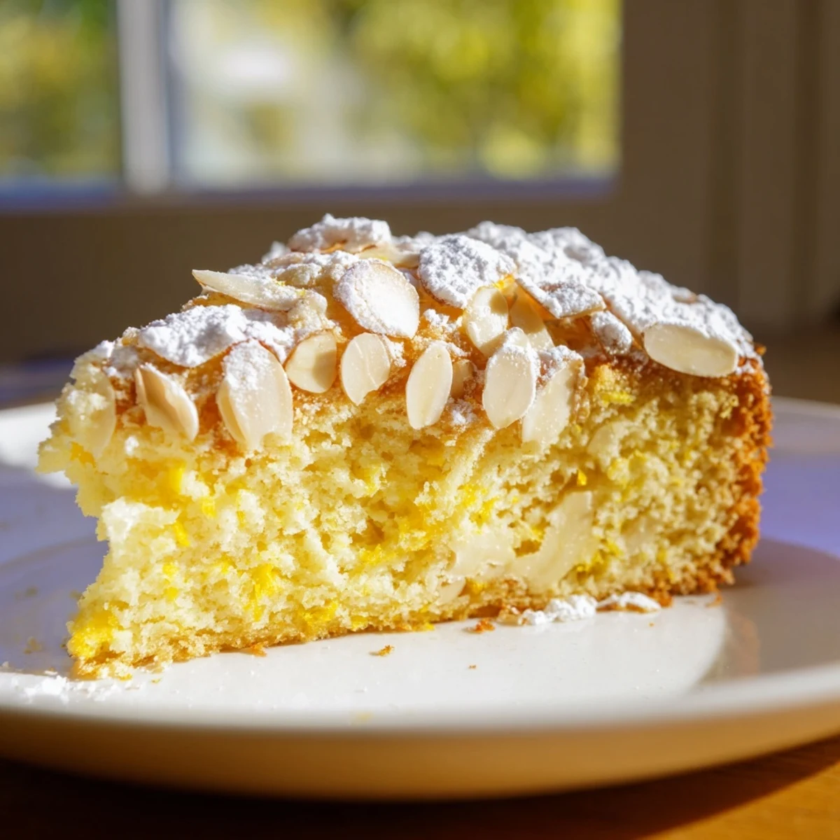 A moist Lemon Ricotta Cake with Almonds, featuring a golden crust and powdered sugar dusting, served on a rustic wooden board.  