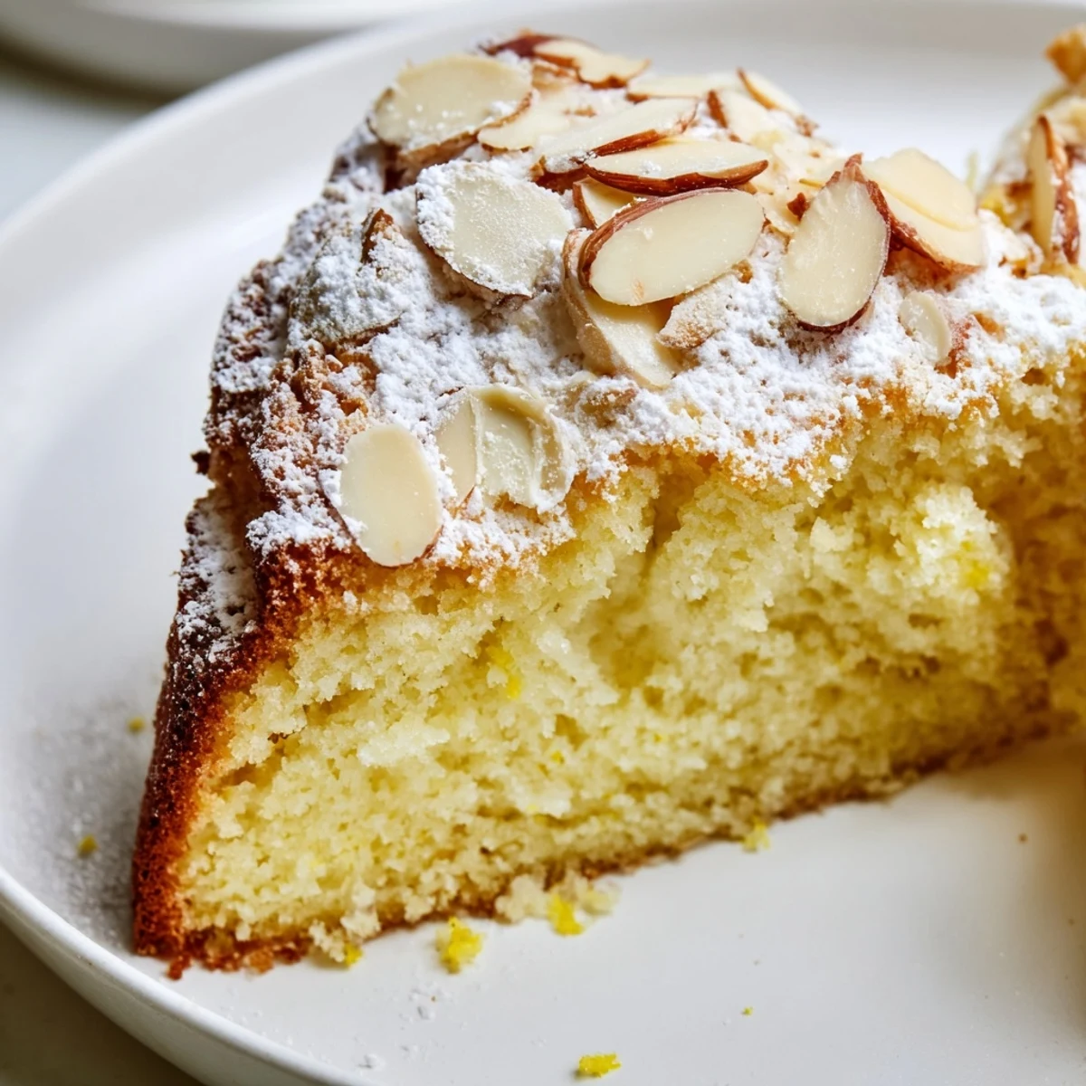 Freshly baked Lemon Ricotta Cake with Almonds, showcasing tender crumb and toasted almond slices, ready for a sweet dessert platter.  
