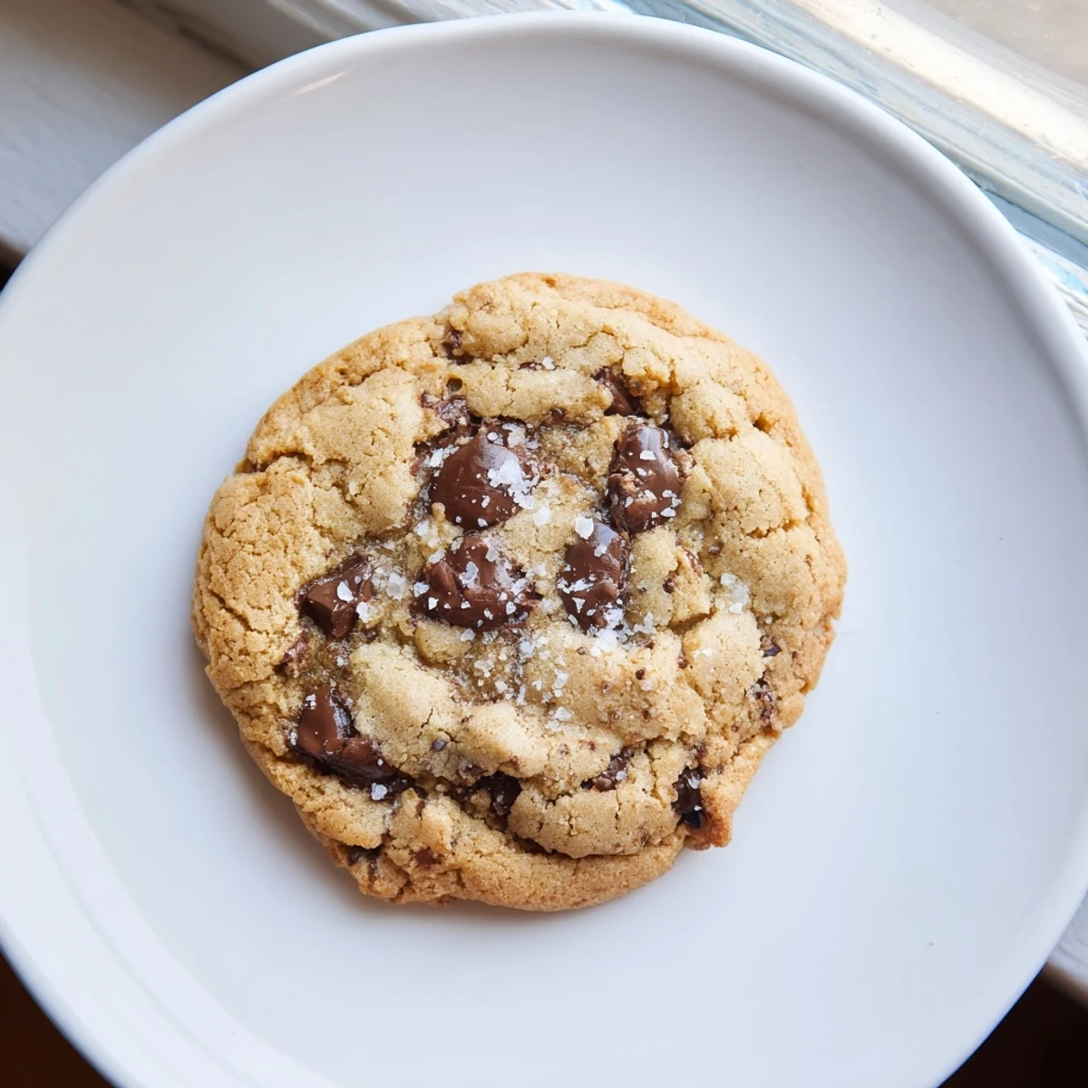 A close-up of chewy chocolate chip cookies with sea salt, their edges golden and centers soft, with melted chocolate chips glistening.