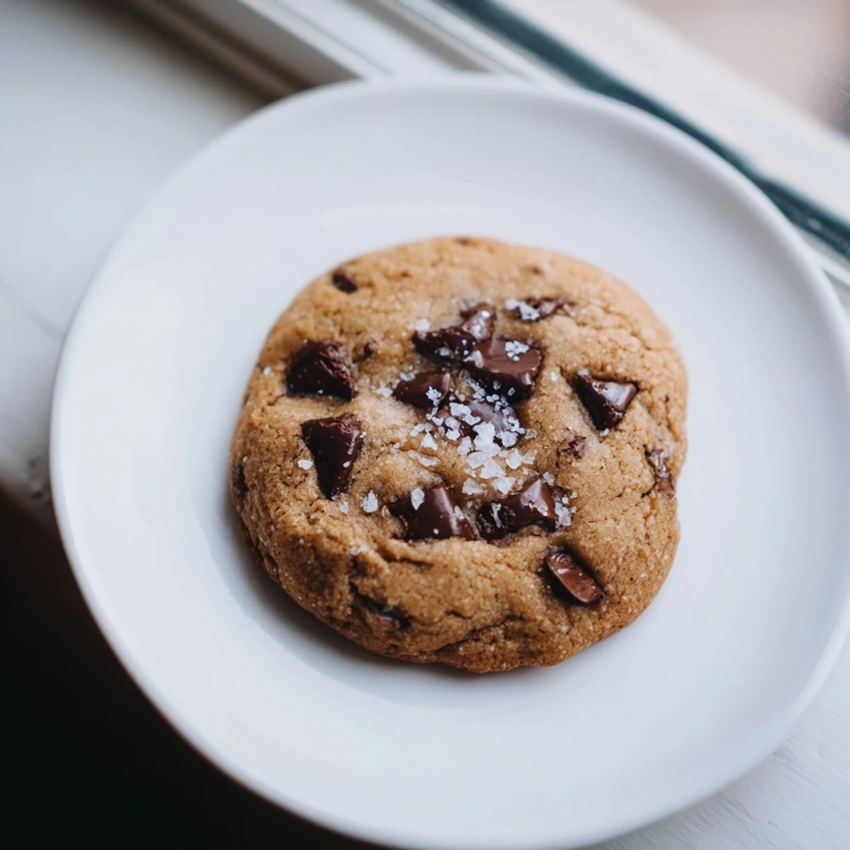 A plate of homemade chocolate chip cookies with sea salt highlights a generous flaky salt topping on a warm, buttery cookie.