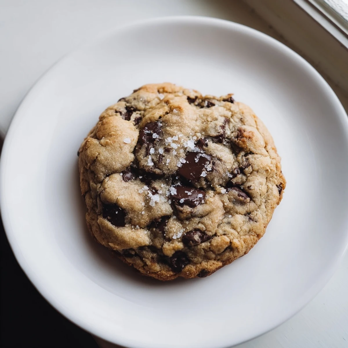 Freshly baked chocolate chip cookies with sea salt are arranged on a cooling rack, surrounded by scattered chocolate chips.