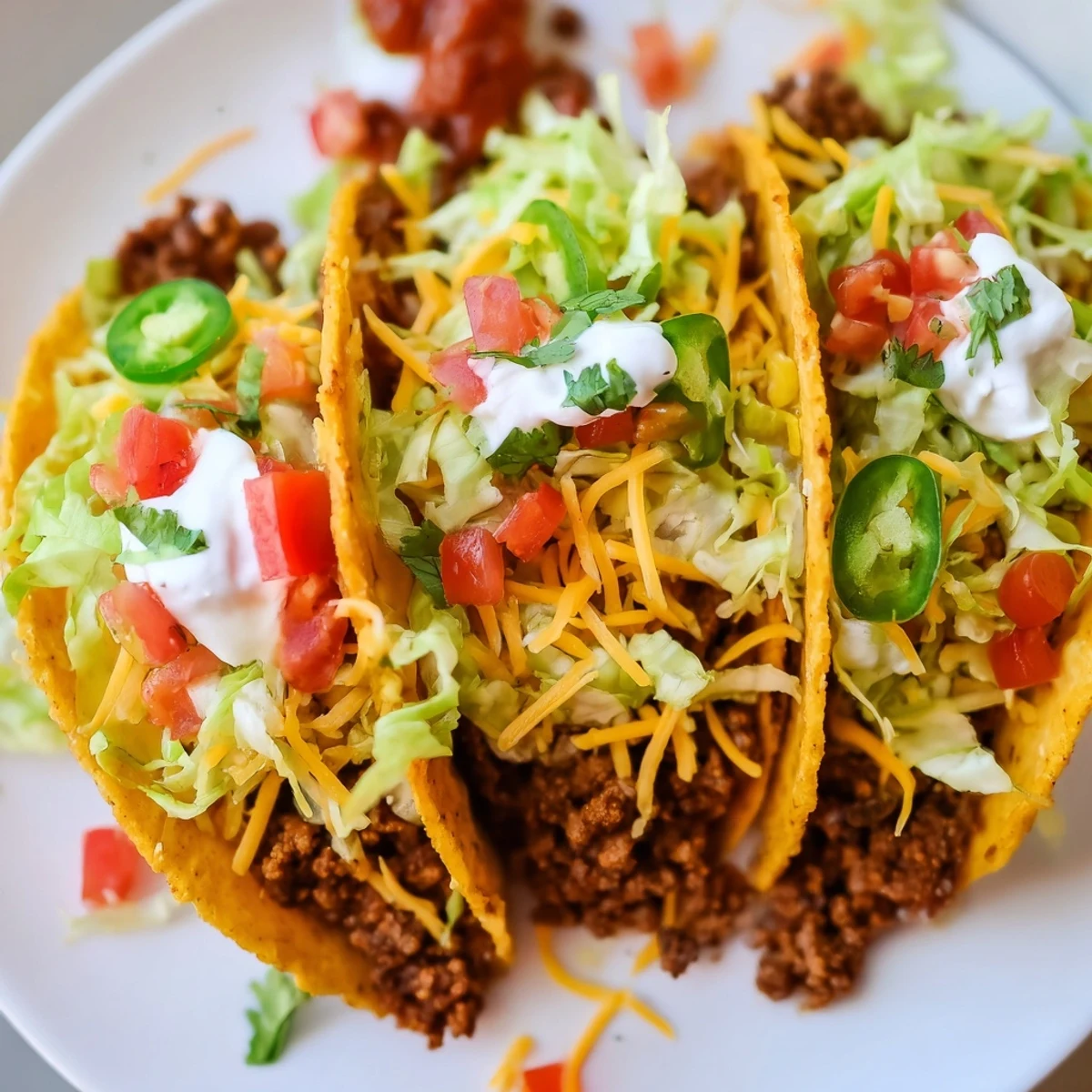 Crispy hard-shell beef tacos filled with seasoned ground beef, topped with fresh lettuce, cheese, and a dollop of sour cream.