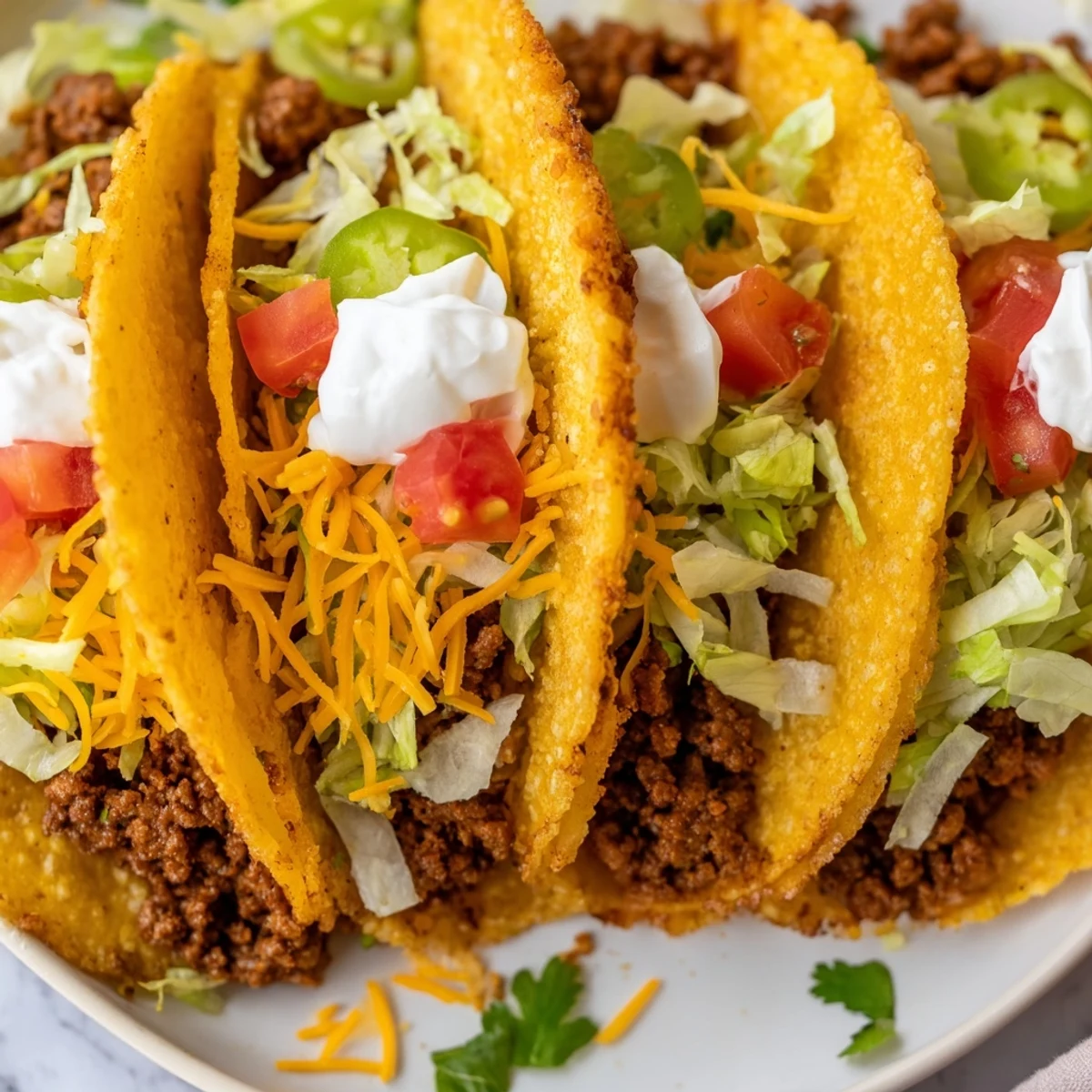 A colorful platter of beef tacos with hard shells, featuring diced tomatoes, jalapeños, and fresh cilantro for a vibrant kick.