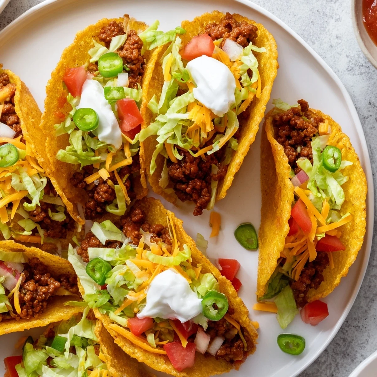 Sizzling seasoned ground beef and melted cheddar fill golden hard shells, ready for a zesty weeknight taco dinner.