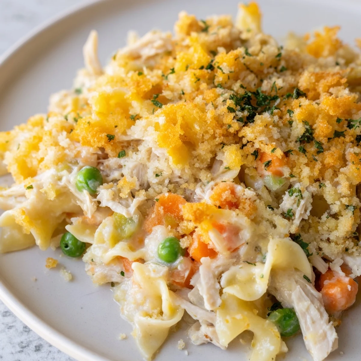 Golden-brown Chicken Noodle Casserole with Crumble topping bubbling from the oven.
