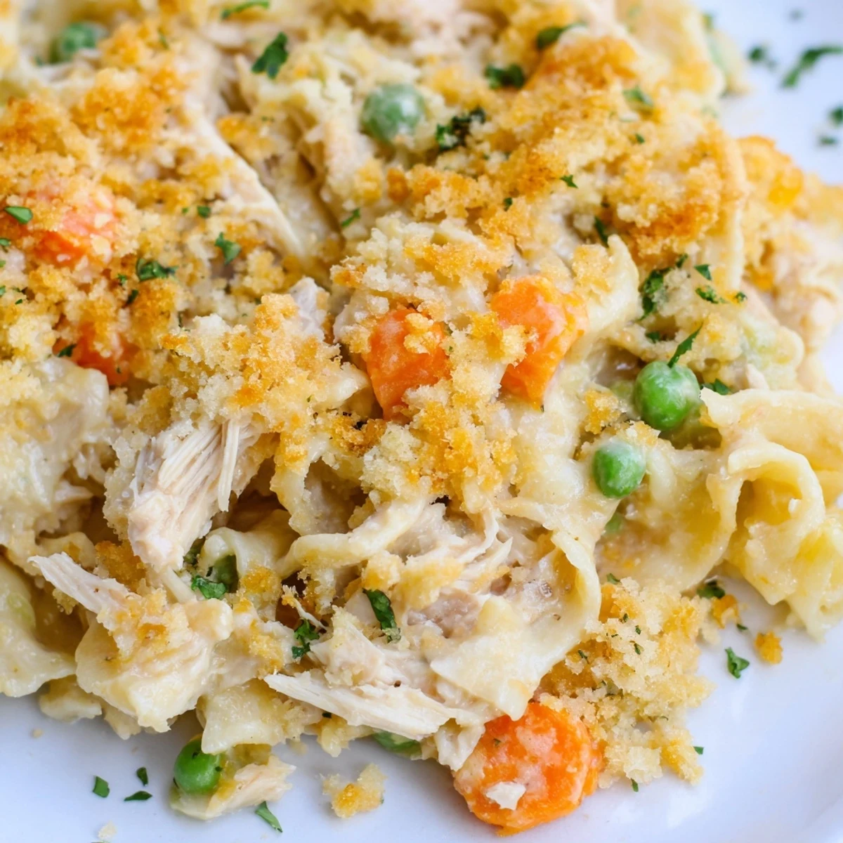 A spoon scoops creamy chicken and egg noodles from the casserole dish.