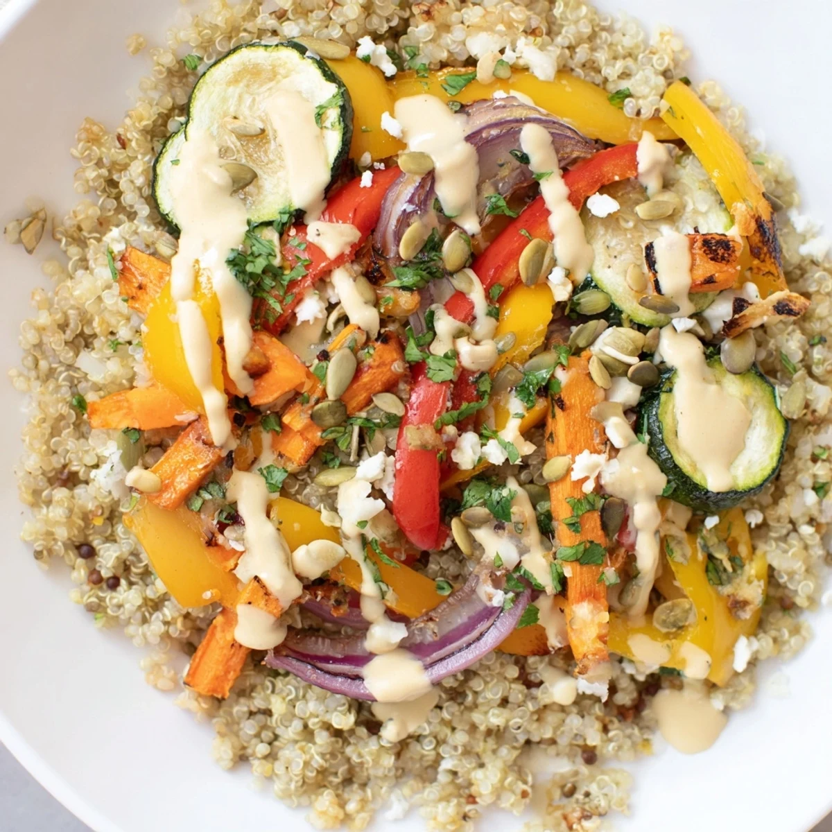 Golden roasted vegetables, including zucchini and bell peppers, rest atop a fluffy bed of quinoa in this Roasted Vegetable Quinoa Bowl.