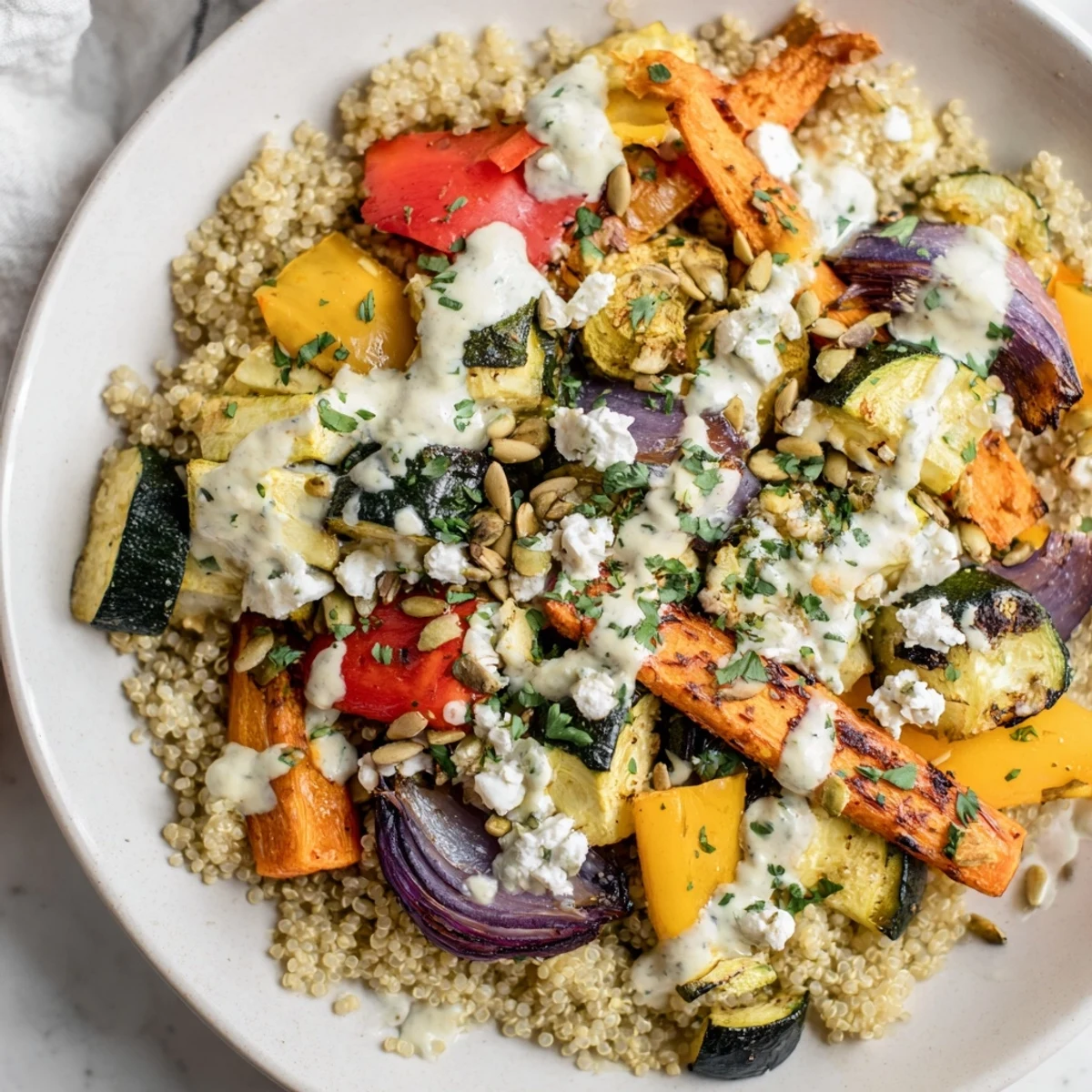 Colorful roasted veggies and fluffy quinoa create a delicious main dish in this easy vegetarian Roasted Vegetable Quinoa Bowl.