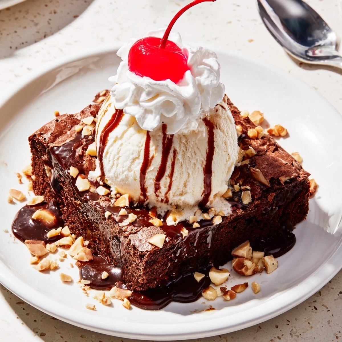 Decadent Chocolate Brownie Sundae with Hot Fudge served in a bowl, ready to enjoy immediately.