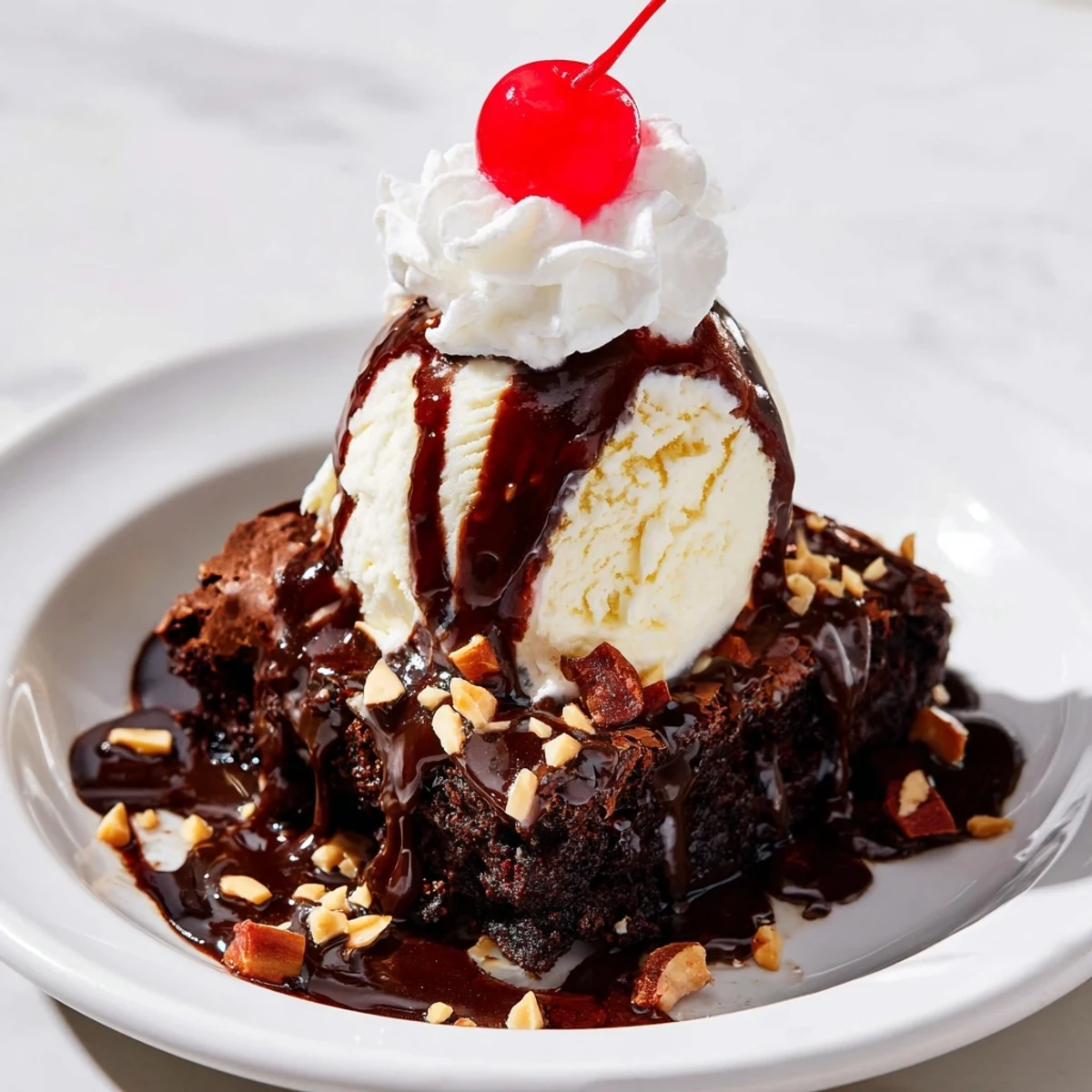 Freshly baked Chocolate Brownie Sundae with Hot Fudge topped with whipped cream and a cherry.