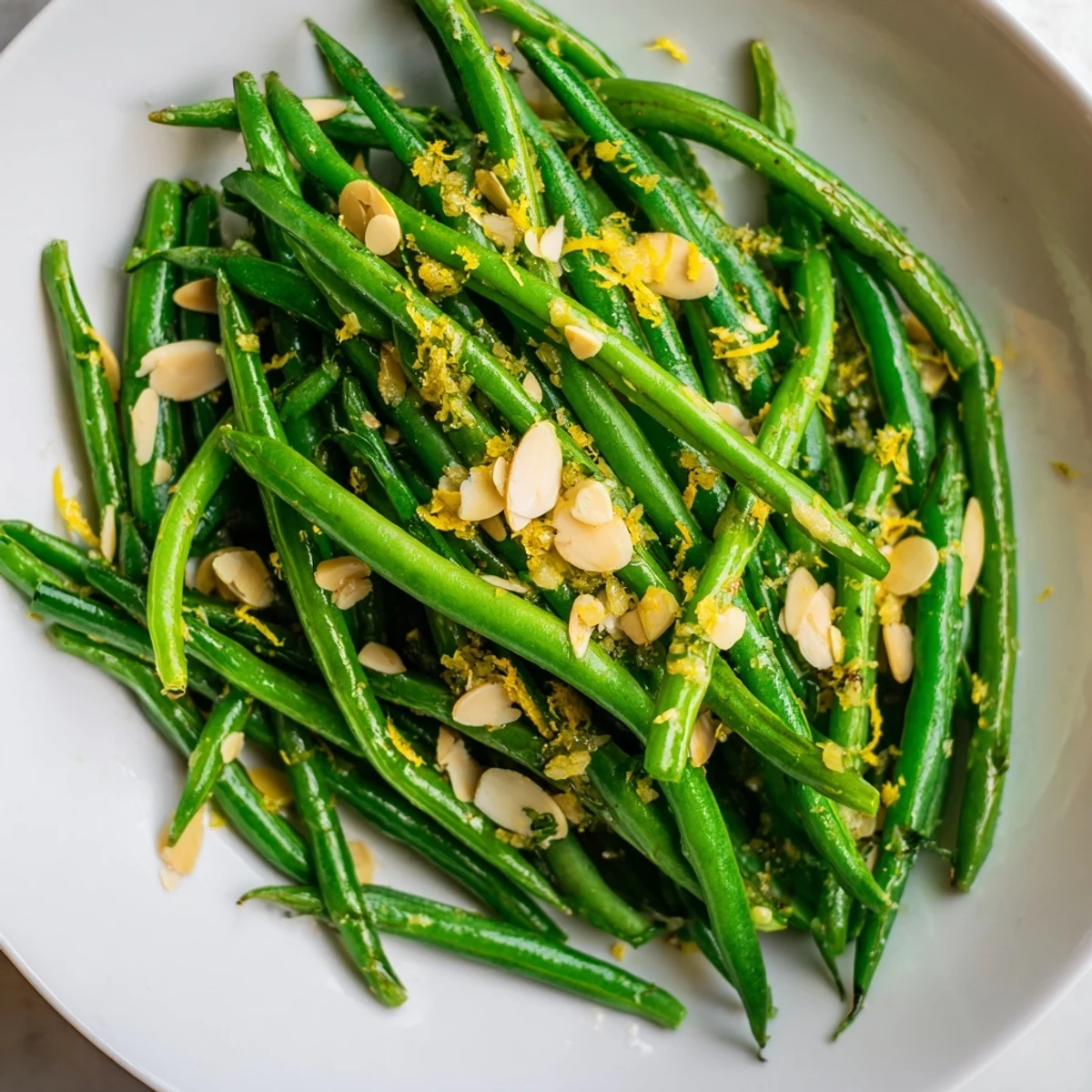 Fresh, bright green beans glisten with lemon juice and minced garlic in a skillet, topped with toasted almonds ready to serve.