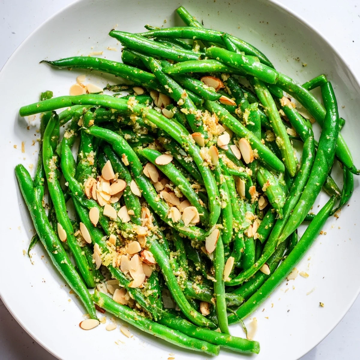 Lemon Garlic Green Beans with Almonds feature crisp-tender beans, aromatic garlic, and crunchy nuts on a white plate for a healthy side.