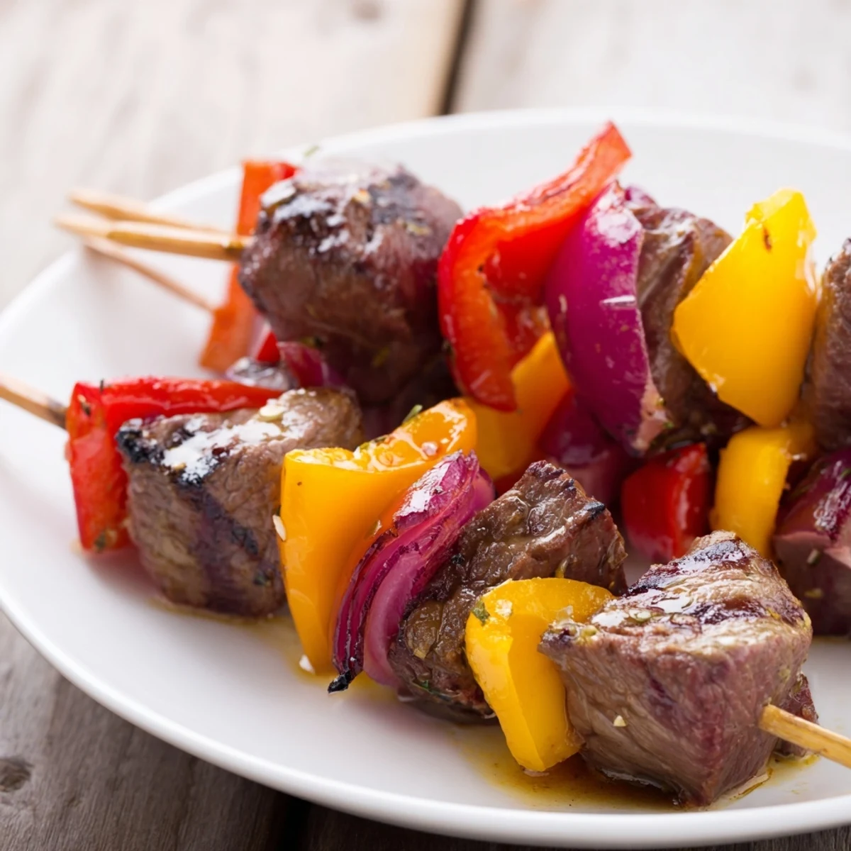 Golden-brown grilled Beef Kebabs with Peppers and Onions on skewers served over fluffy rice for a summer barbecue.