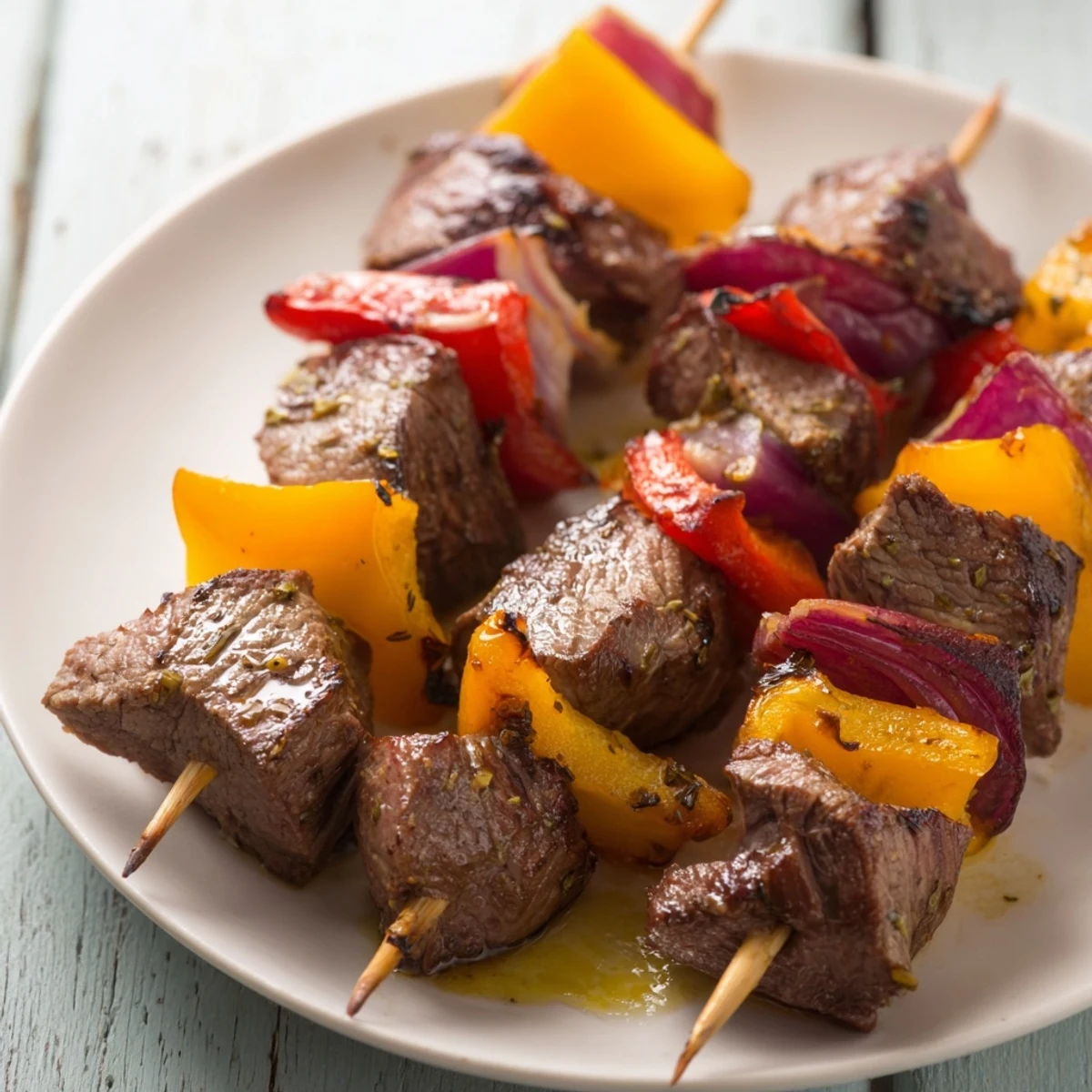 Savory Beef Kebabs with Peppers and Onions arranged on a platter with fresh herbs and warm flatbread.
