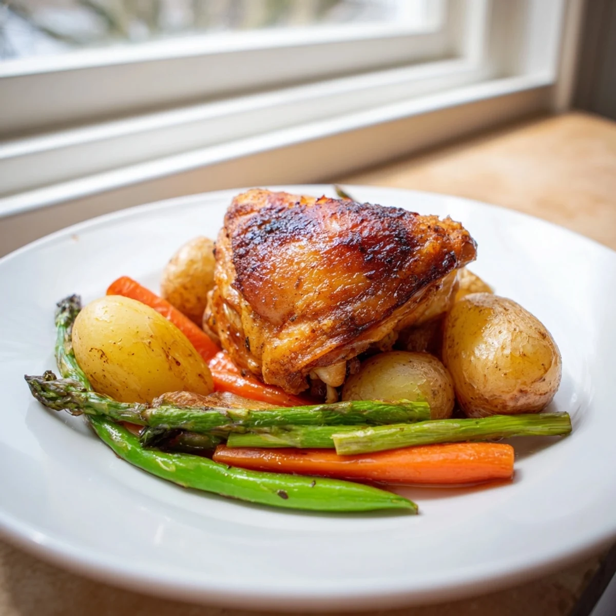 Golden roasted chicken with spring vegetables glistens beside tender asparagus and glazed baby carrots in a rustic pan.