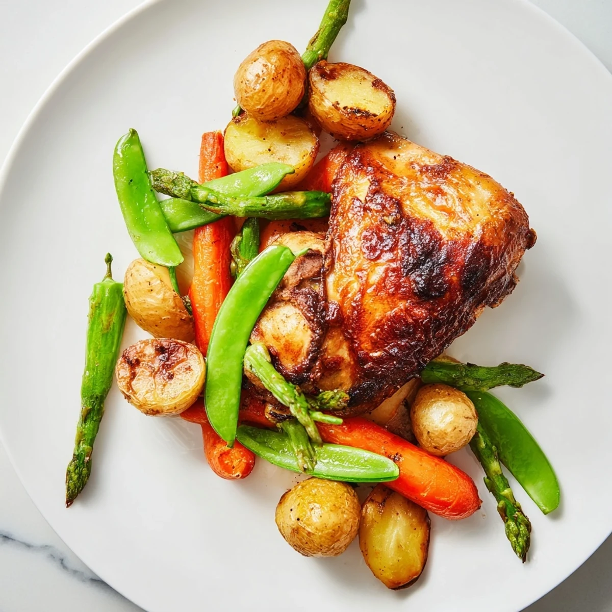 Herb-stuffed roast chicken with roasted potatoes and sugar snap peas rests on a wooden board for serving.