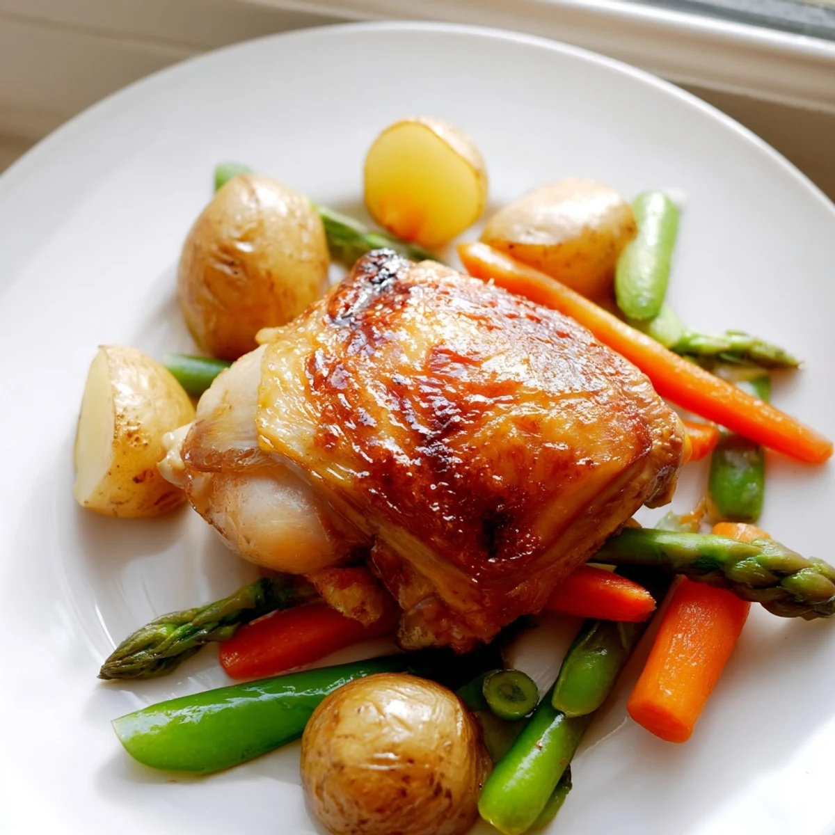 A juicy whole roasted chicken surrounded by colorful spring vegetables makes a vibrant, family-style dinner on the table.