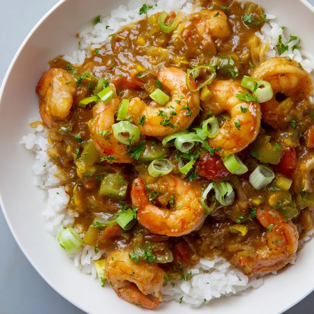 A close-up of Mardi Gras Shrimp Étouffée served over fluffy white rice with fresh parsley.