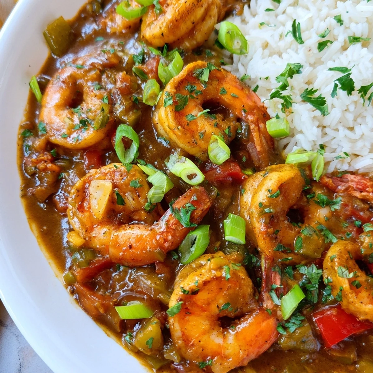 A steaming bowl of Mardi Gras Shrimp Étouffée featuring tender shrimp in a rich, spicy roux.