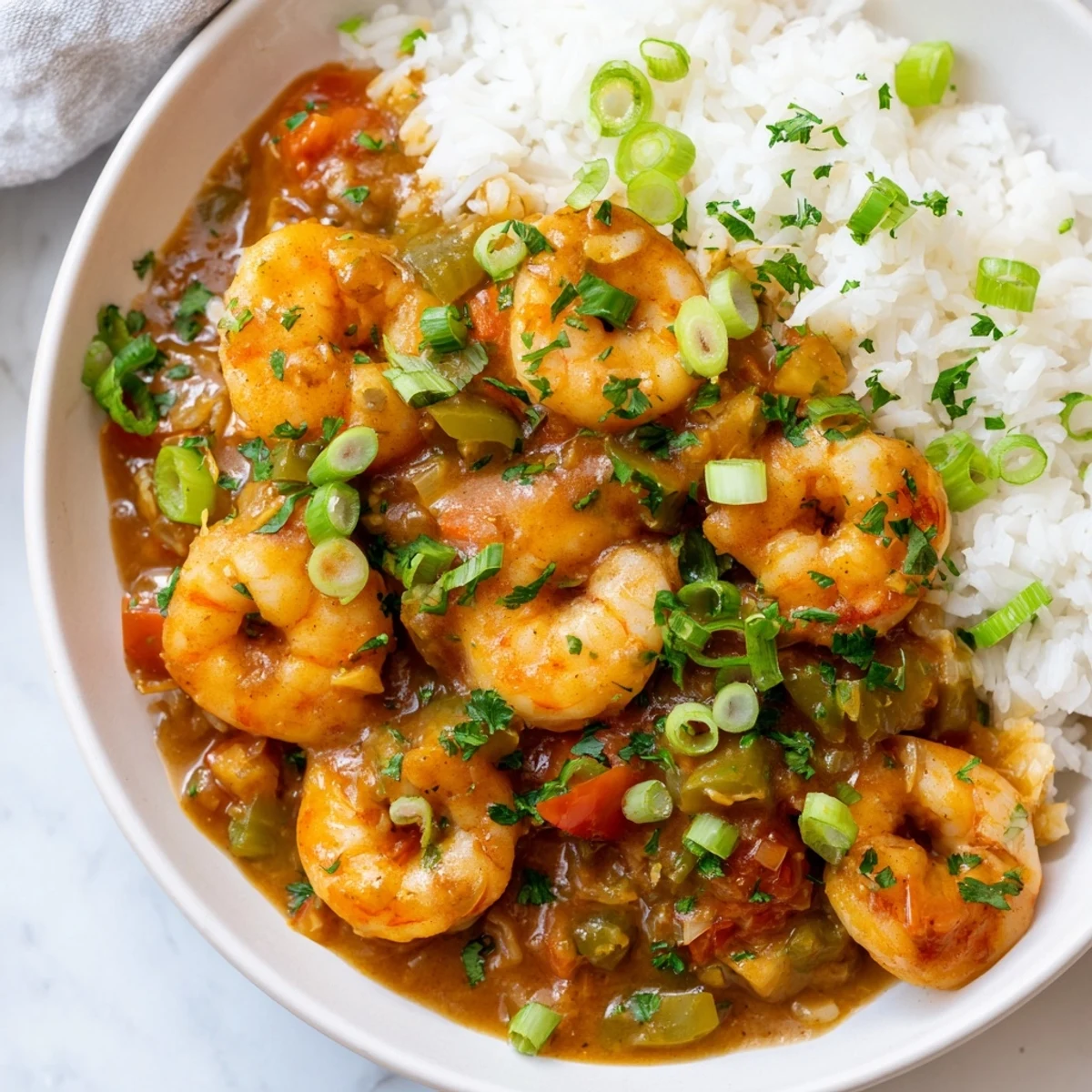 A festive plate of Mardi Gras Shrimp Étouffée garnished with green onions and ready to serve.