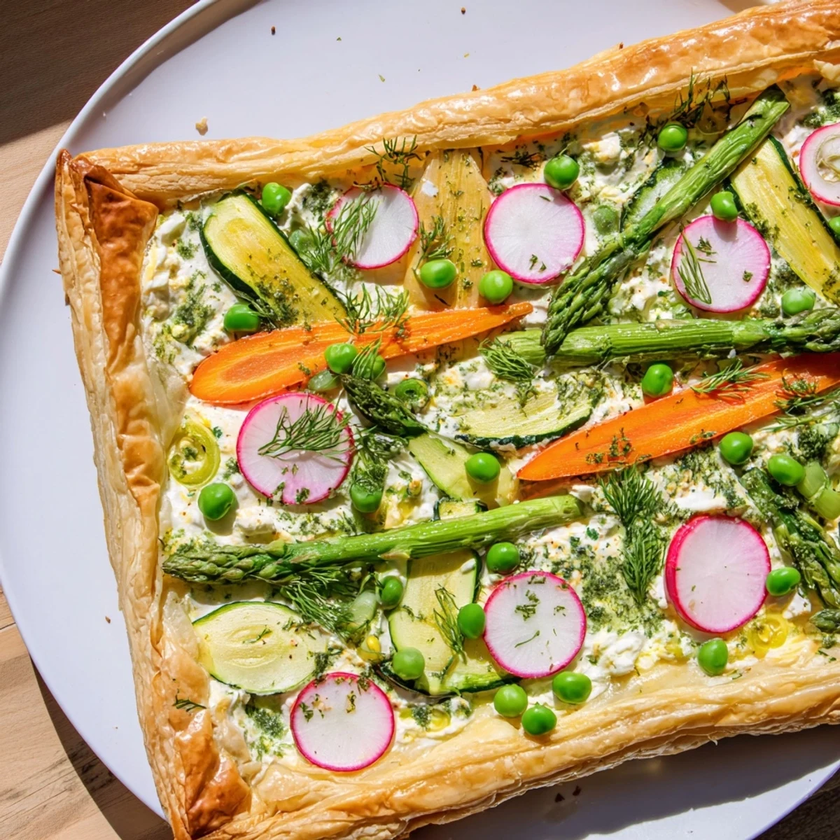 A close-up of Spring Vegetable Tart with Puff Pastry showing flaky golden crust and colorful spring vegetables.