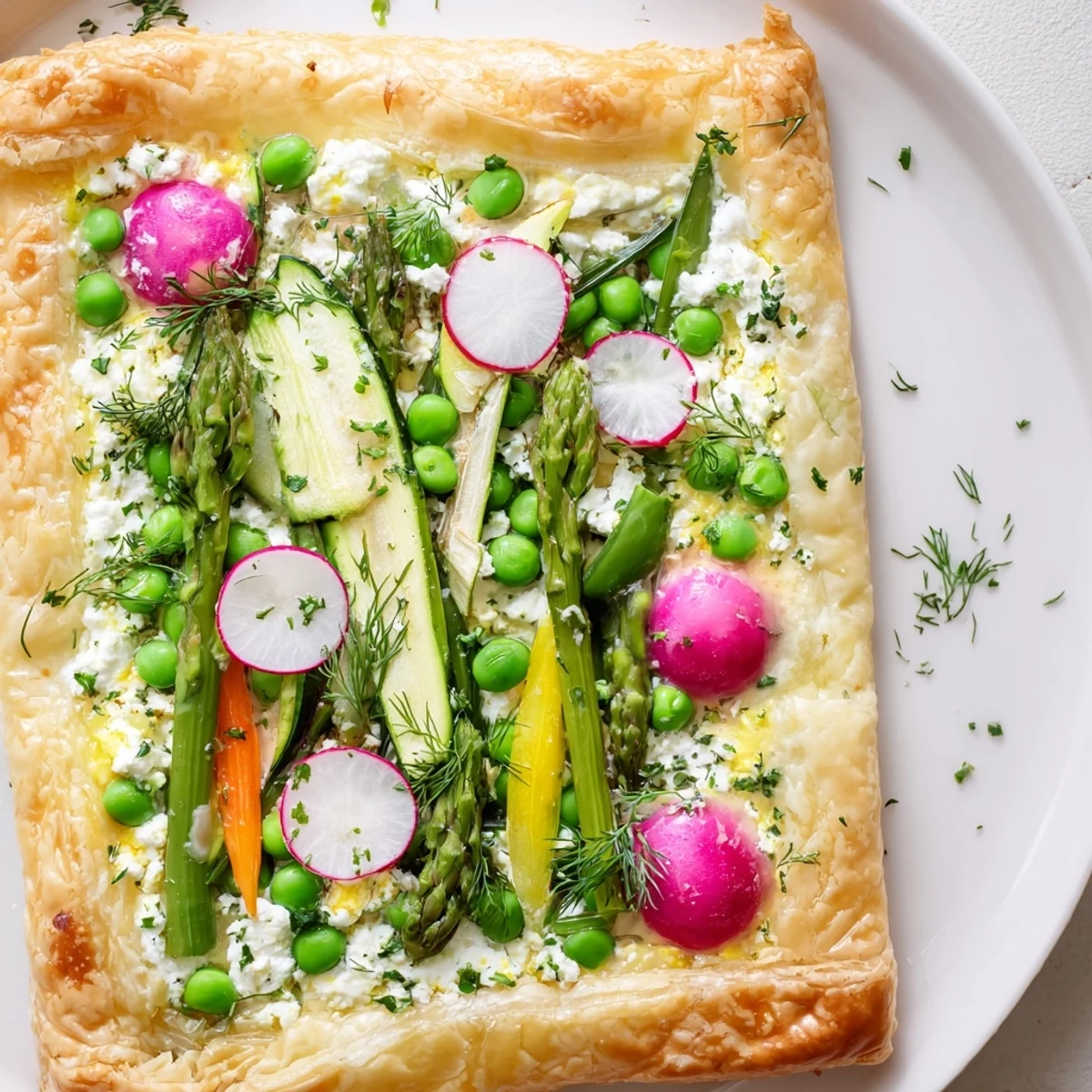 Spring Vegetable Tart with Puff Pastry sits beside a glass of white wine for an elegant lunch.