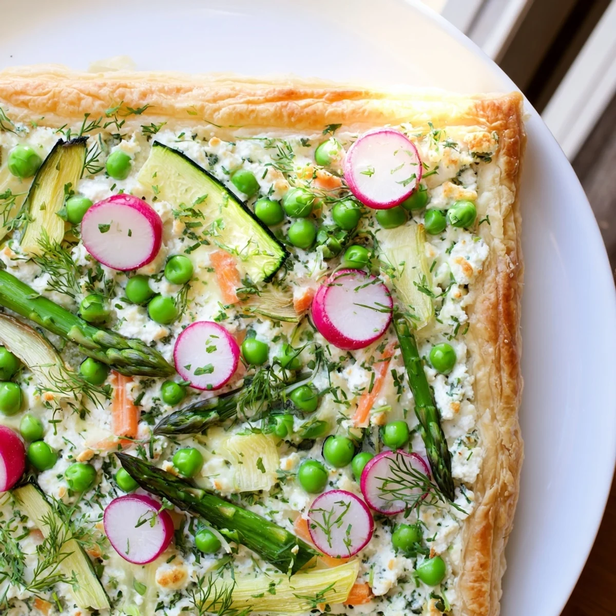 Overhead view of Spring Vegetable Tart with Puff Pastry highlighting tender asparagus and goat cheese.
