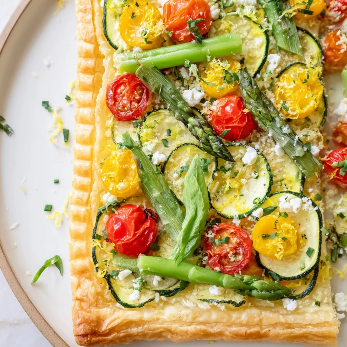 Flaky golden puff pastry topped with vibrant spring vegetables and creamy goat cheese in this Spring Vegetable Tart with Puff Pastry.