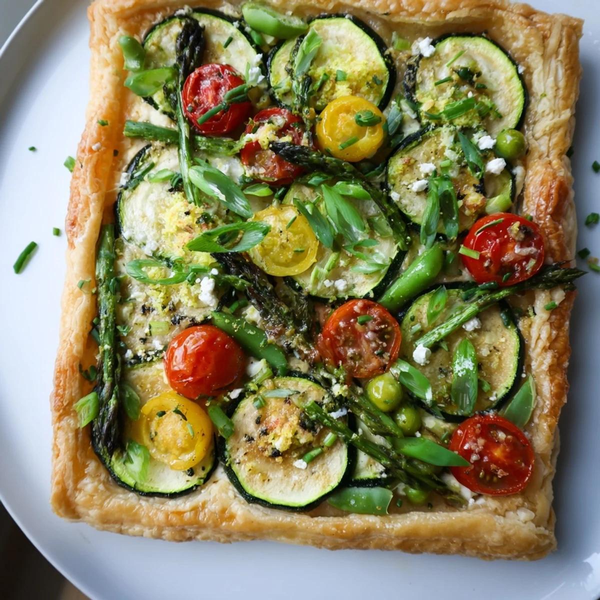 A slice of Spring Vegetable Tart with Puff Pastry served warm, revealing tender vegetables and flaky crust perfect for spring gatherings.