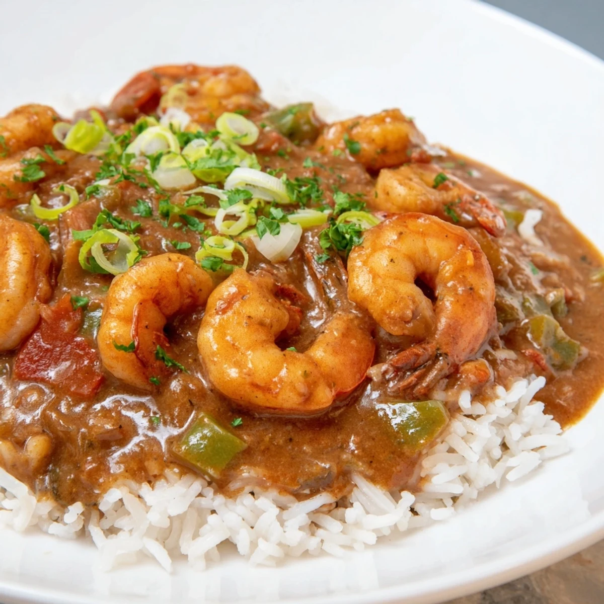 A close-up of Mardi Gras Shrimp Étouffée over rice, with succulent shrimp peeking through a rich, reddish-brown roux sauce.