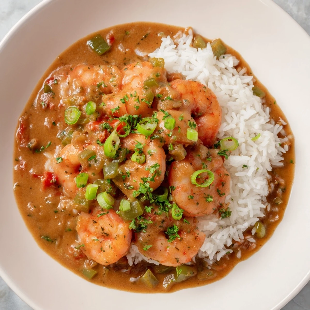 Mardi Gras Shrimp Étouffée over rice is garnished with fresh parsley and scallions on a rustic plate, ready to serve.