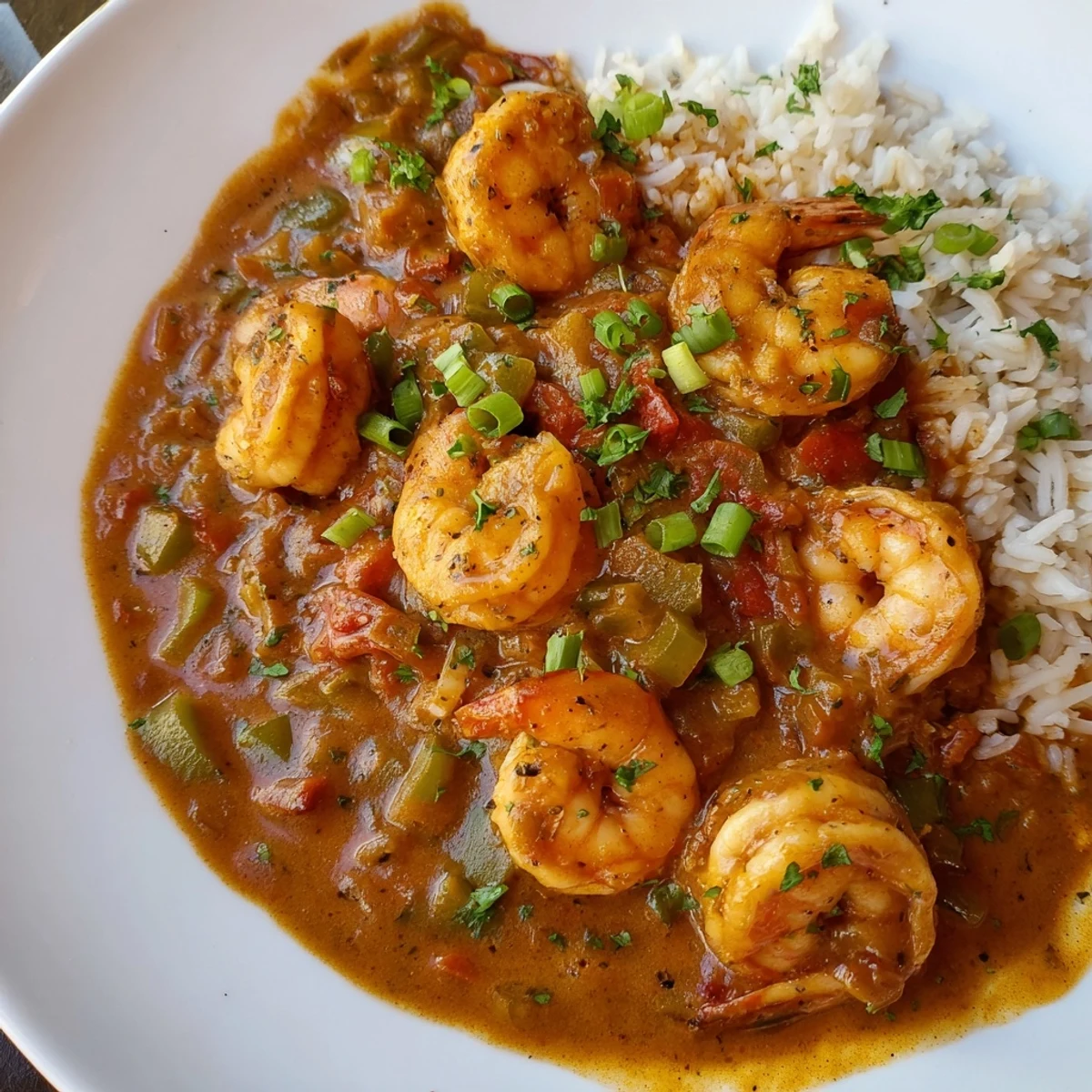 Steam rises from a hearty serving of Mardi Gras Shrimp Étouffée over rice, featuring plump shrimp in a savory Cajun sauce.