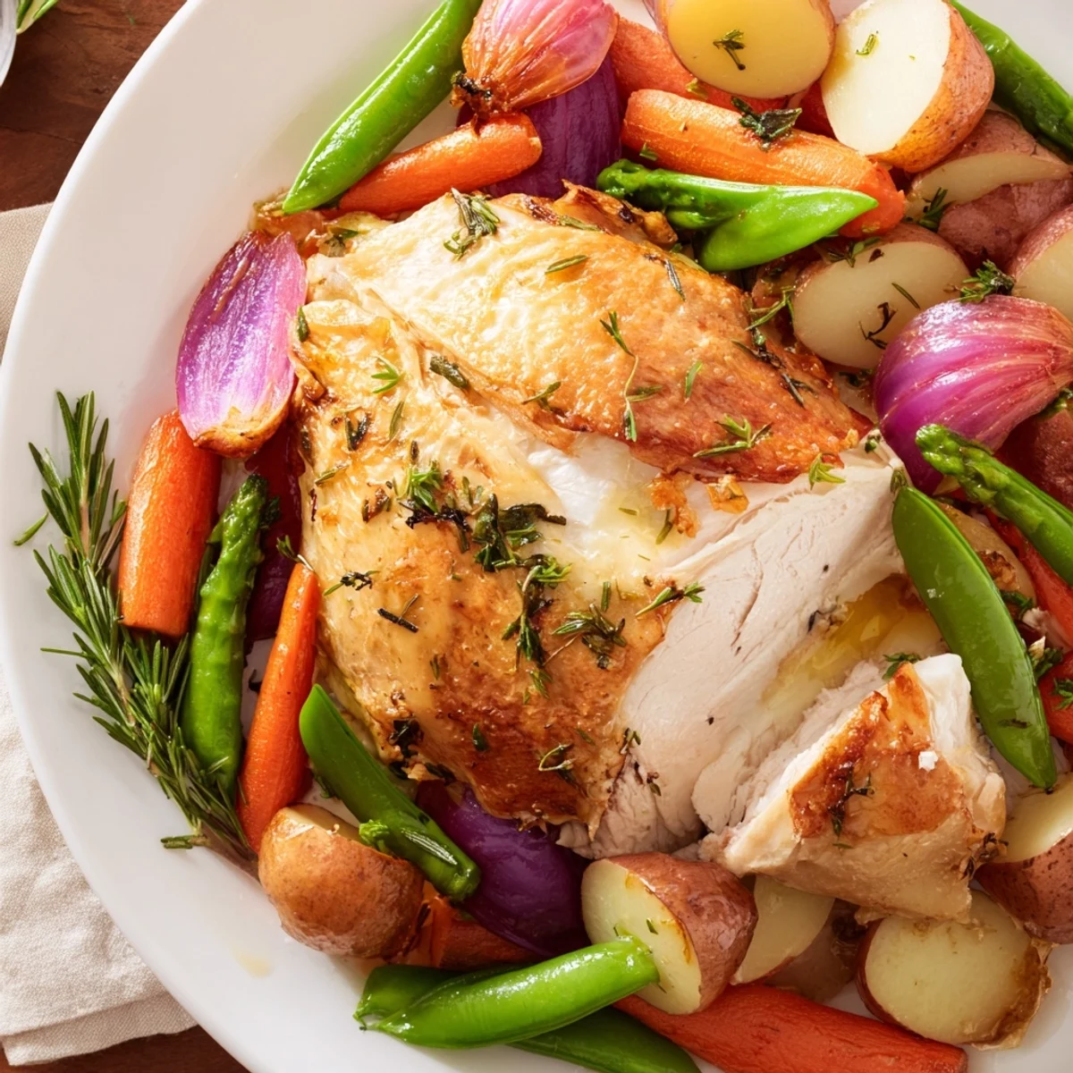 A succulent golden Roasted Chicken with Spring Veggies glistens with rosemary and thyme.