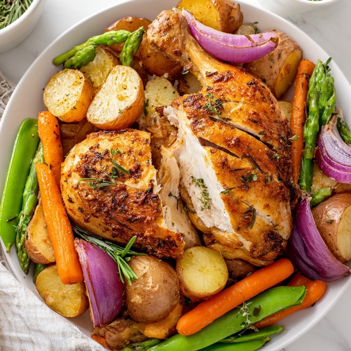 Golden Roasted Chicken with Spring Veggies plated with asparagus and potatoes.