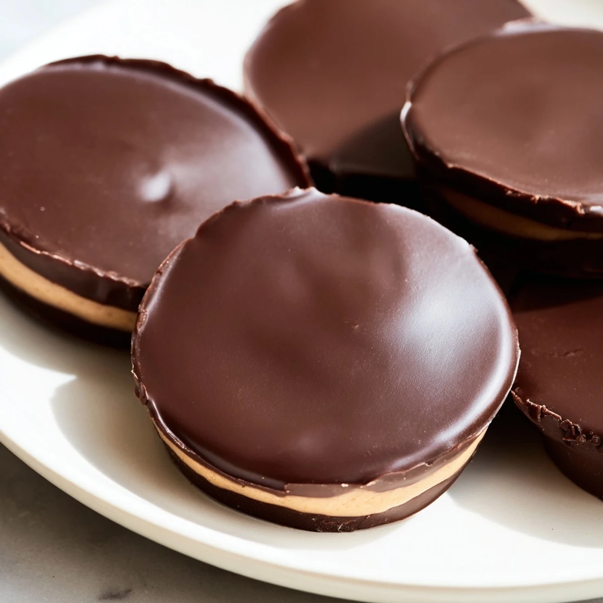 Two rich chocolate peanut butter cups sit on a parchment-lined tray, showing their glossy, melted chocolate coating and peanut butter filling.