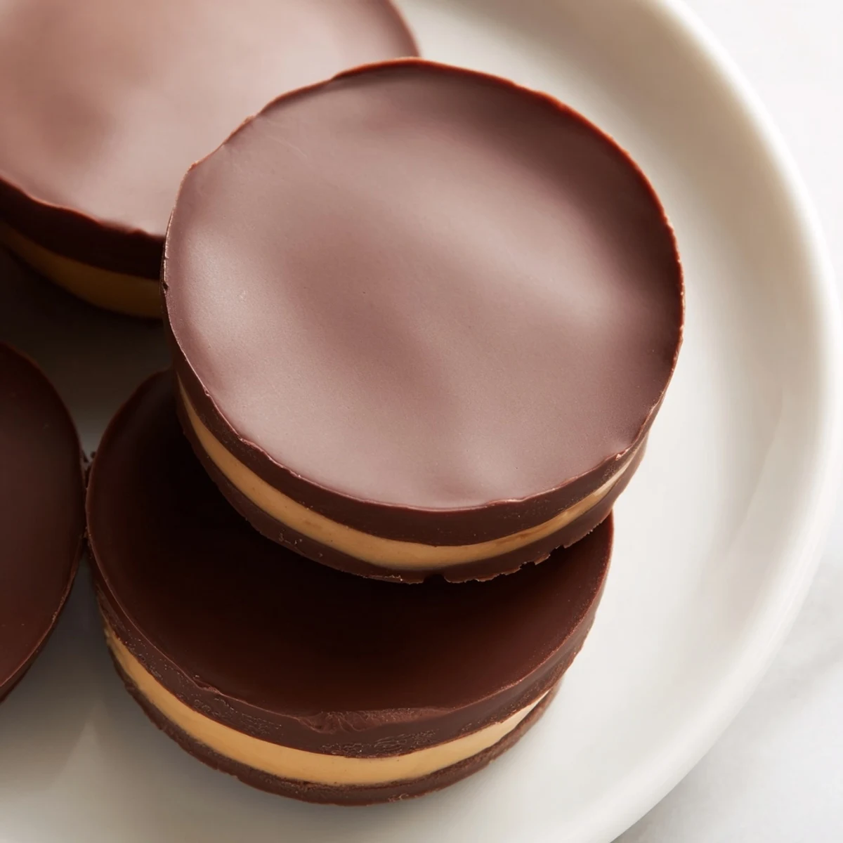 Freshly made chocolate peanut butter cups are arranged in a mini muffin tin, with paper liners and a spoon ready to serve.