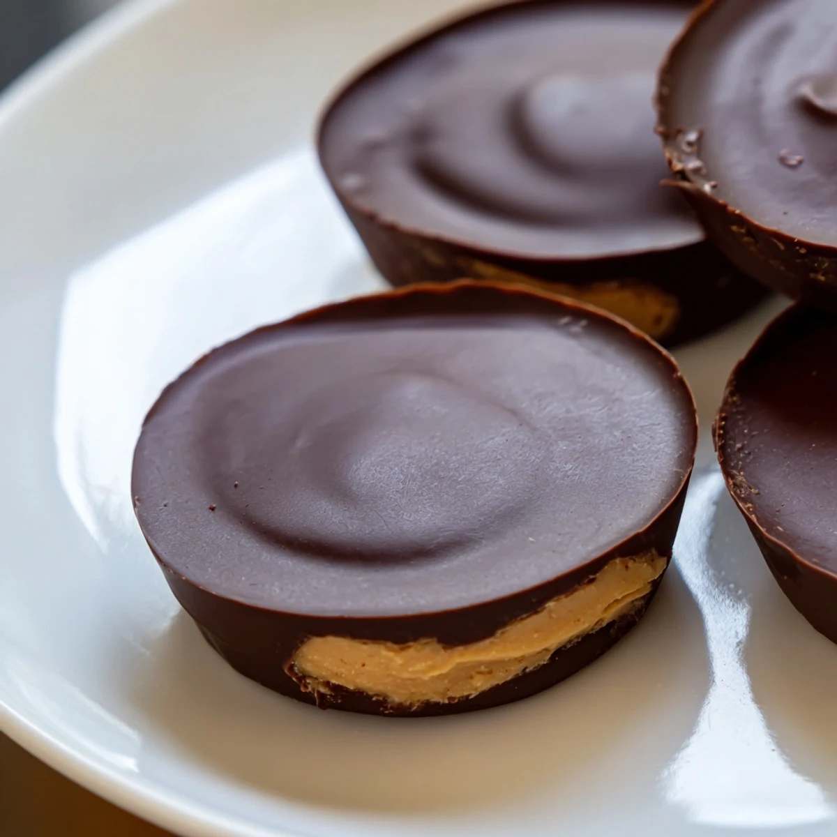 Homemade chocolate peanut butter cups glisten with a smooth chocolate shell, perfect for gifting on a festive dessert platter.