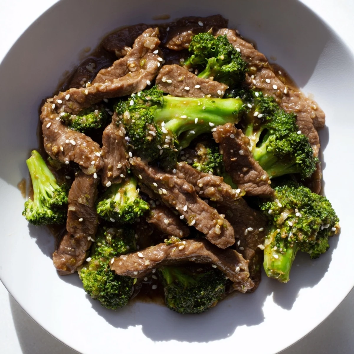 Close-up of tender beef strips and vibrant green broccoli florets coated in a glossy soy sauce glaze, served alongside fluffy white rice.