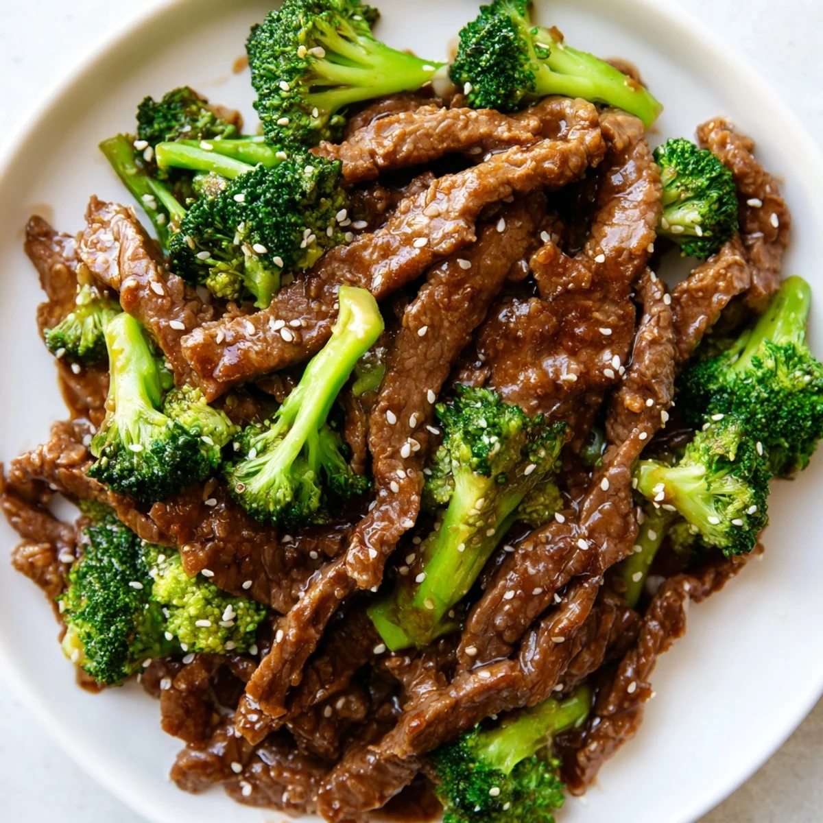 A steaming bowl of Beef and Broccoli with Soy Sauce Glaze, featuring juicy beef and crisp broccoli ready for a weeknight dinner.