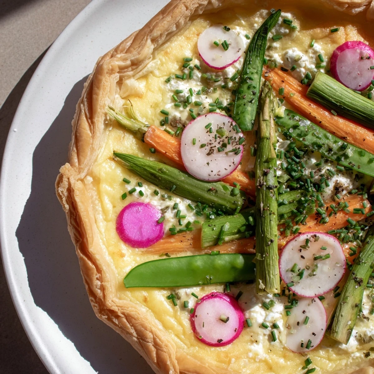 A golden Spring Vegetable Tart with Puff Pastry shows crisp layers topped with vibrant asparagus and radishes.