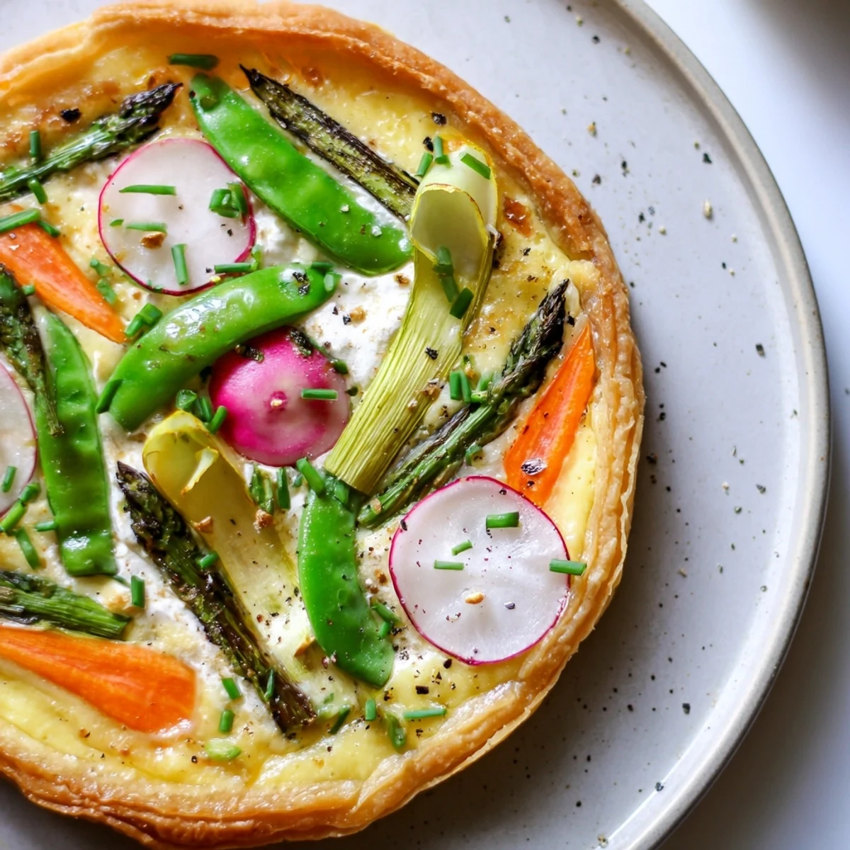 Close-up of Spring Vegetable Tart with Puff Pastry, revealing creamy cheese and tender spring vegetables on flaky pastry.