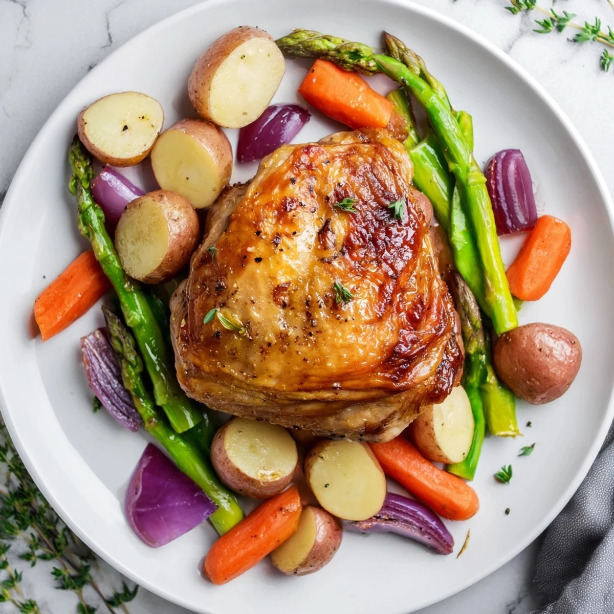 A juicy whole roasted chicken surrounded by vibrant spring vegetables and fresh herbs for a family dinner.