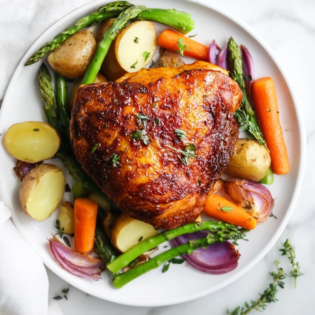 Golden brown roasted chicken with spring veggies like asparagus, carrots, and potatoes on a rustic platter.