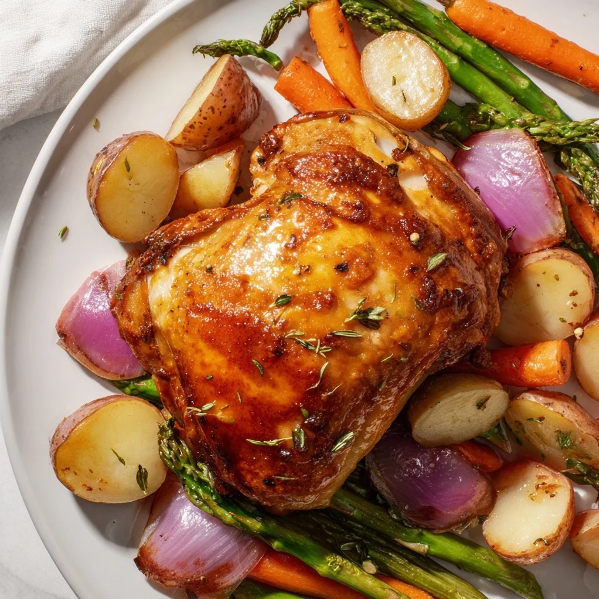 Roasted Chicken with Spring Veggies plated with glazed carrots and tender peas, perfect for a spring feast.