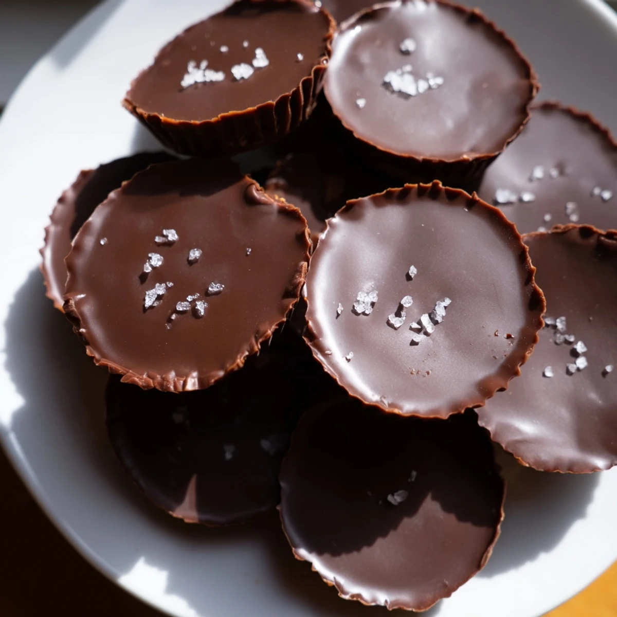 A close-up of a Chocolate Peanut Butter Cup being lifted, showing the rich chocolate coating and soft peanut butter center.