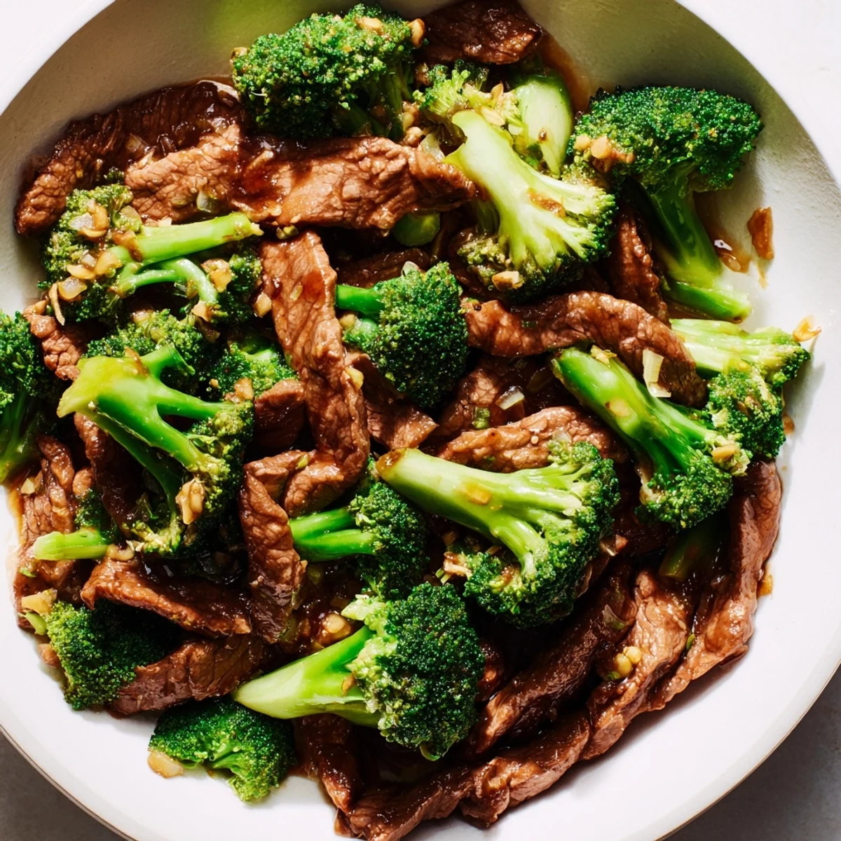 Savory Beef and Broccoli with Soy Sauce plated over fluffy white rice, garnished with sesame seeds and steam rising from the dish.