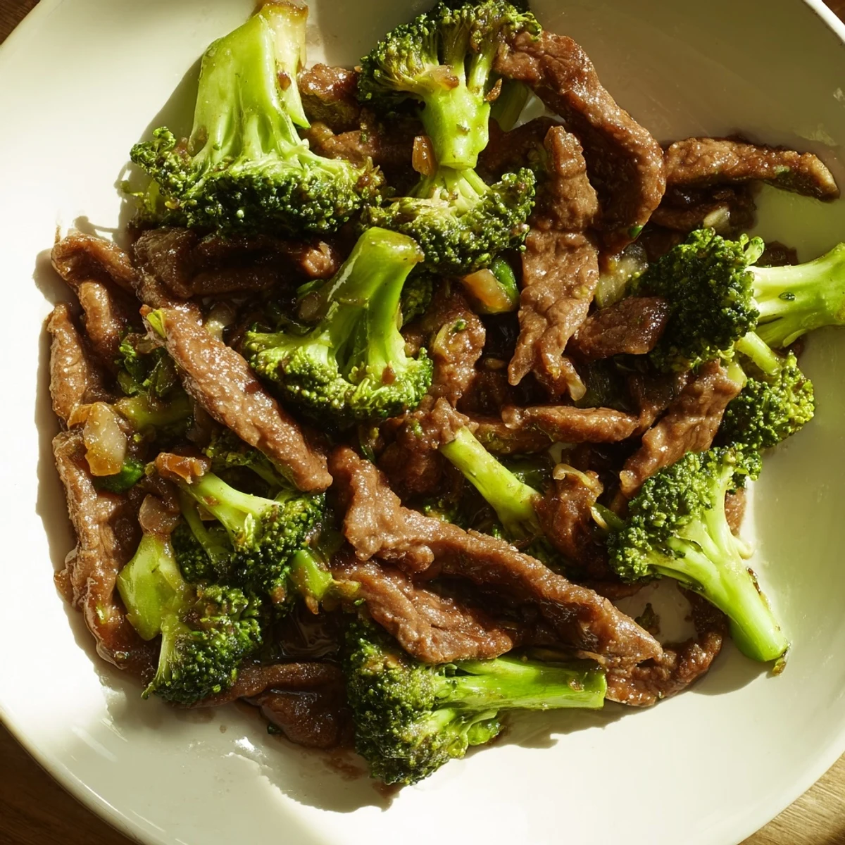 Close up view of Beef and Broccoli with Soy Sauce showcasing glossy marinade on beef slices and vibrant stir fried broccoli.