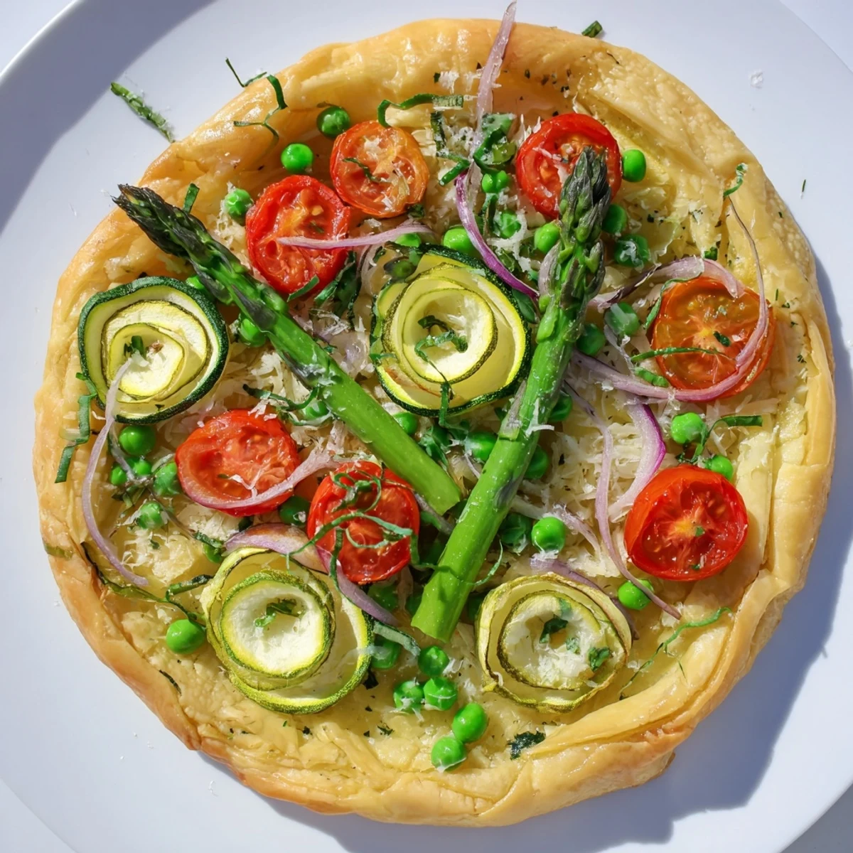 Golden, flaky Spring Vegetable Tart with Puff Pastry topped with crisp asparagus, zucchini, and goat cheese.