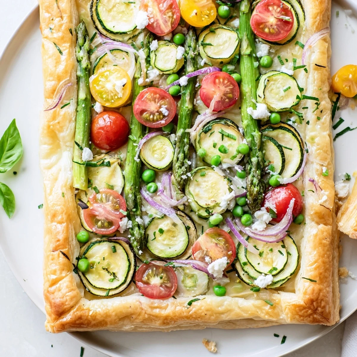 A slice of Spring Vegetable Tart with Puff Pastry served on a plate with fresh basil and chives.