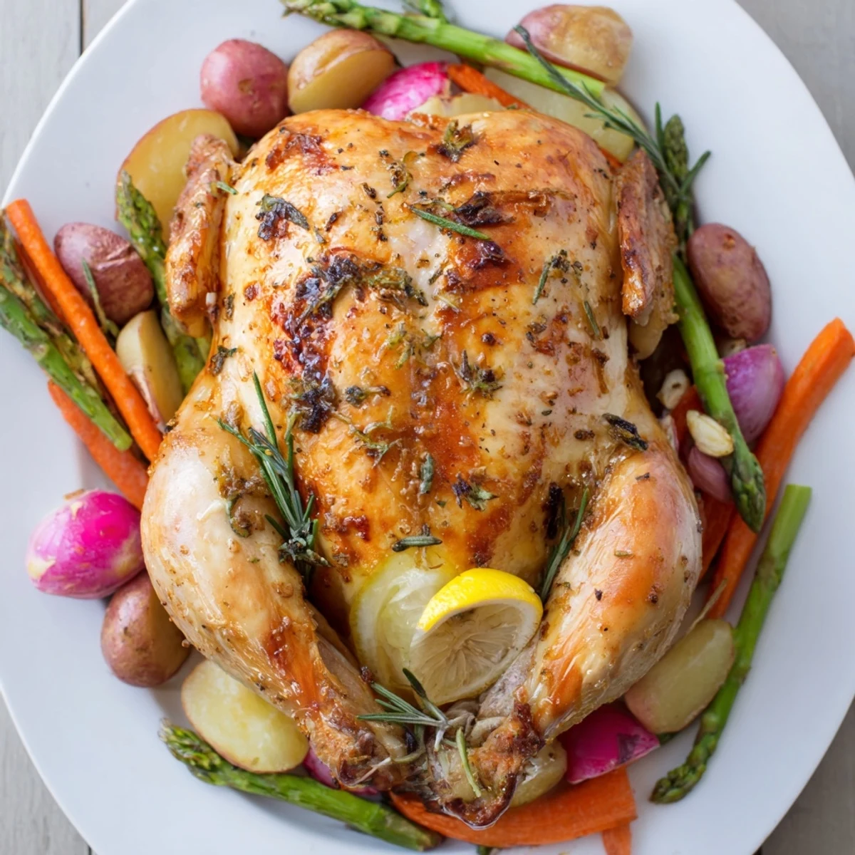 In this Roasted Chicken with Spring Veggies, juicy meat pairs with vibrant asparagus and potatoes on a rustic platter.